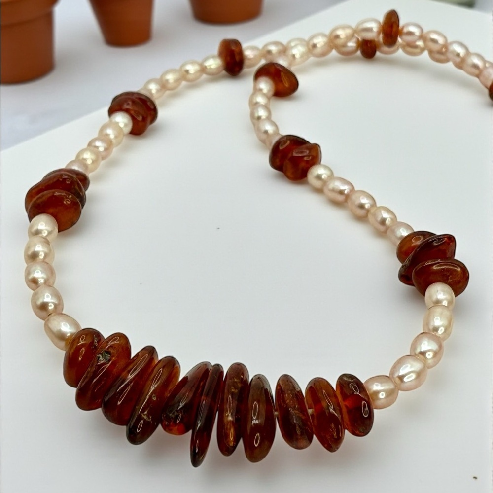 Genuine Amber & Freshwater Pearl Necklace – 18” - Picture 10 of 17